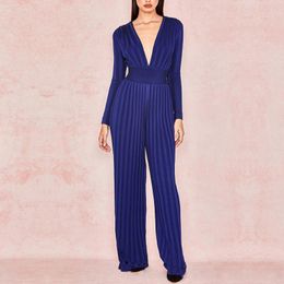 rayon jumpsuit UK - Women's Jumpsuits & Rompers Blue Bandage Jumpsuit 2021 Winter Autumn Womens Long Sleeve Bodysuit For Party Sexy Rayon A-81