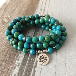 108 Green Beads Mala Bracelet Lotus Flower OM Wrist Buddhist Buddha Yoga for Unisex Men Azurite Stone Bracelets