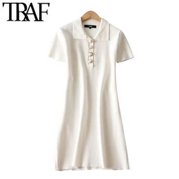 TRAF Women Chic Fashion Faux Pearl Buttons Knitted Mini Dress Vintage Short Sleeve Stretch Slim Female Dress Mujer 210415