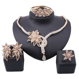 Dubai Crystal Flower Gold Colour Jewellery Set Women Earrings Necklace Bracelet Ring Sets For Italian Wedding Party Gift