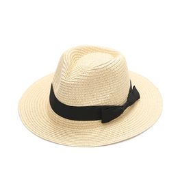 Women's Sun Hat Bucket Cap Ribbon Flat Top Straw Hats Beach Panama Women Brim Bowknot Outdoor