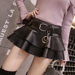 Skirts 2021 Autumn And Winter Ruffled High Waist Leather Skirt Mini PU All-match Super Short Puff Hakama DQ1226