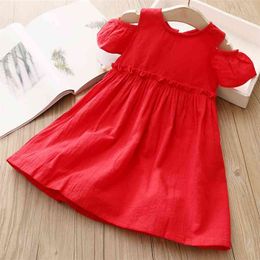 1 Summer 2 3 4 6 8 10 Years Children Solid Red Cotton Short Sleeve Wrap Off Shoulder Strapless Dress For Girl Baby Kids 210625