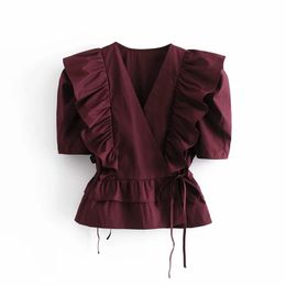 Summer Women Cascading Ruffle Cross V Neck Lace Up Wrap Blouse Female Puff Sleeve Shirt Casual Lady Loose Tops Blusas S8718 210430