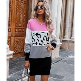 Women Long Sleeve Leopard Patchwork Hit Colour O Neck Straight Mini Knit Pullover Sweater Dress Korean Winter Autumn SJ7090X Casual Dresses