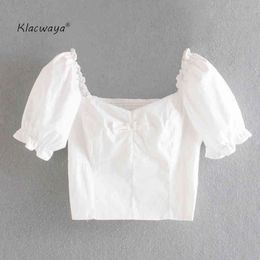 women fashion sweet bow short t shirt vintage square collar petal sleeve elastic waist tops chic shirts 210521