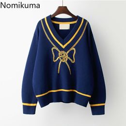 Nomikuma V Neck Long Sleeve Sweater Women Bow Knot Pattern Casual Loose Pullover Jumpers Korean Chic Fashion Tops 3d306 210514