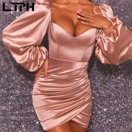 LTPH vintage elastic satin dress women elegant sexy square collar lantern sleeves Package Hip party dresses autumn 210706