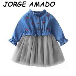 Kids Dresses for Girls Denim Long Sleeve Princess Cherry Embroidered Gauze Clothing E21185 210610