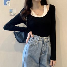 Plus size Women's Tops Autumn Winter Fake two Splicing bare shoulder bottom Black Long Sleeve Casual Tshirt 922i 210420