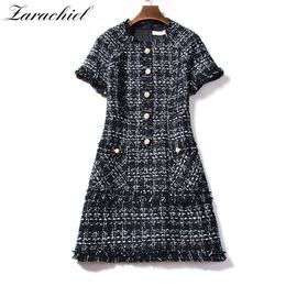 Retro Plaid Wool Winter Dress Runway Tweed Women Short Sleeve Tassel Fringe Trim Beading Vintage Dresses Vestidos 210416