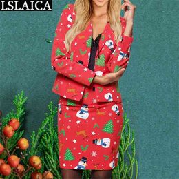 2 Pc Set for Women Floral Print Long Sleeve Blazers Tops Mini Skirt Sets Autumn Winter Office Lady Christmas Two Piece Outfits 210515