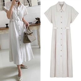 Minimalist Casual Retro White Short Sleeve Turn Down Collar Single Breasted Dress Women Safari Style Fashion Vestido Summer 210610