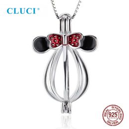 CLUCI 925 Charms a forma di topo carino per collana da donna in argento sterling 925 con ciondolo a forma di gabbia di perle SC049SB