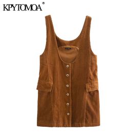 Women Sweet Fashion Metal Button Corduroy Pinafore Dress Vintage Wide Straps Flap Pockets Female Dresses Mujer 210416