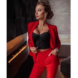 Drop Ship Pink Red Pants Suit Women Business Classic Gold Double Breasted Button Blazer Two Piece Sets Formal Suits 210930
