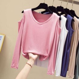 Summer Top Pink T Shirt White Sexy Off Shoulder Tee Shirt Femme Female Slim High Quality Long Sleeve Tops Fashion Clothes 210604