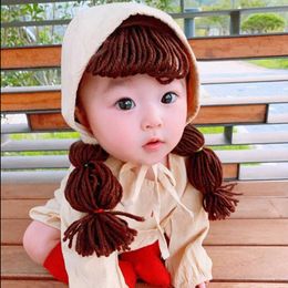Cute Spring Summer Infant Baby Girl Princess Hat Hair Pigtail Braid Wig Cap 2 pcs set Crochet Children Kids Girls Hats and Caps 210713