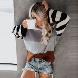 Women Casual Striped Printed Searter Long Sleeve O neck Elegant Knitted Pullovers Autumn Winter Fashion Loose Warm Jumper 210412