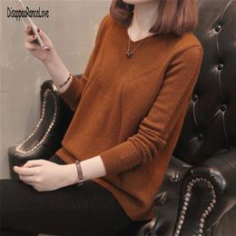 Fashion Back Button V-Neck Sweater Autumn Solid Knitted Pullover Women Slim Soft Jumper Pink Kawaii s Girl 211011