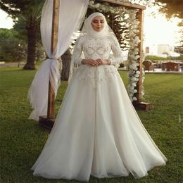 Arab Dubai Wedding Gowns Crystal Beads Lace Apliques A Line Bridal Dresses Custom Made High Neck Long Sleeves Robes De Marie