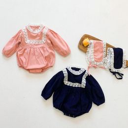Spring New Baby Girls Bodysuit Long Sleeve Corduroy Jumpsuits For Girls Clothes Princess Lace Jumpsuit Hat Girls Outfits 210413