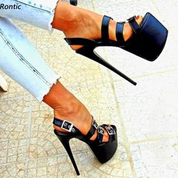 Rontic New Stylish Women Platform Sandals Unisex Buckle Sexy Stiletto Heels Open Toe Elegant Black Night Club Shoes US Size 5-20