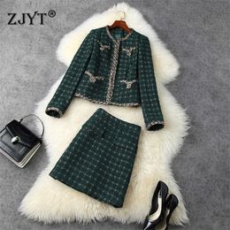 Winter Runway Two Piece Set Women Elegant Designer Vintage Plaid Tweed Woolen Jacket and Skirt Suit Office Party Outfit Lady 210601