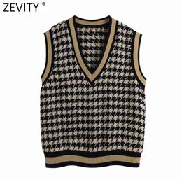 Women Vintage V Neck Houndstooth Plaid Knitting Vest Sweater Female Sleeveless Casual Chic Pullovers Waistcoat Tops SW695 210416