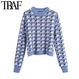 TRAF Women Fashion With Ribbed Trims Jacquard Knitted Sweater Vintage O Neck Long Sleeve Female Pullovers Chic Tops 210415