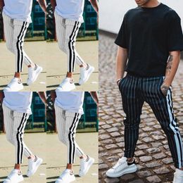 Men's Pants Fashion Men England Style Striped Male Long Pencil Joggers Casual Trousers Drawstring Side Stripe Slacks 20211