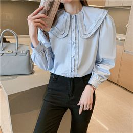 Gentle milky soft blue doll collar organ pleated design edging button loose puff sleeve shirt top women JXMYY 210412