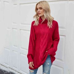 Red long pullovers sweater female casual loose soft turtle neck sweater women autumn winter knited christmas jumper 210415