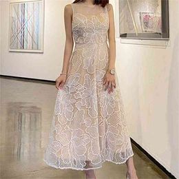 Summer French Designer Floreal Embroidery Mesh Viovet Long Dress Elegant Lace High waist Sleeveless dress Robe femme 210603