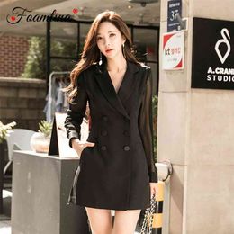 Elegant Korean Fashion Women Work Dress Notched Collar Perspective Mesh Long Sleeve Casual Office Ladies Mini 210603