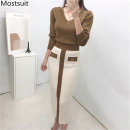 Autumn Korean Knitted Elegant Two Piece Sets Women V-neck Sweater + Color-blocked Long Skirt Ladies Fashion Suits Outfits 210513