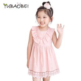 Girls Summer Sleeveless Dress Sweet Pink White Blue Cotton Lace Flower Solid Korean Style Children Clothing Q0716