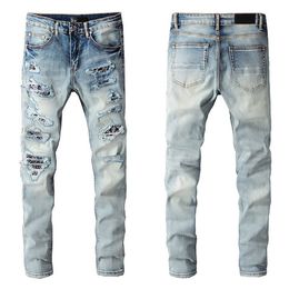 Mens jeans Designer jean man Wholesale Brand Casual Ripped Slim Fit Retro pattern Holes Skateboard Splicing Straight Motorcycle Biker stretch Hip Hop denim Pant
