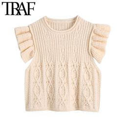 Women Fashion Bobble Appliques Cropped Knitted Sweater Vintage Ruffled Cap Sleeves Female Pullovers Chic Tops 210507