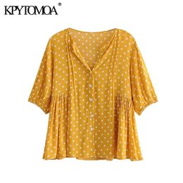 Women Fashion With Buttons Polka Dot Blouses V Neck Short Sleeve Female Shirts Blusas Chic Tops 210420