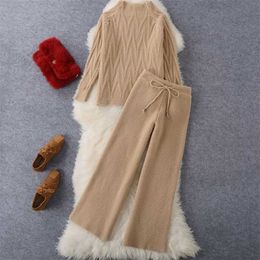 High-quality Winter Knitted 2 Piece sets Women's Thick Warm Casual Pullover Sweaters+Wide leg pants Tracksuits Korean Outfits 211116