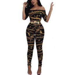 Women's Jumpsuits & Rompers European And American Sexy Tight Pants With Chain Printing One-Word Shoulder Short Sleeve XL