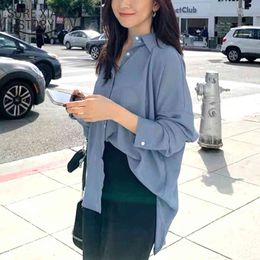 Autumn Vintage Plus Size Chiffon Korean Long Sleeve Women Shirts Blue Button Cardigan Womens Blouse Tops 11398 210415