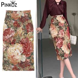Aesthetic Painting Floral Elegant Women Skirts High End France Vintage Omighty Lady Office Work Skirt Saia harajuku yk2 210421