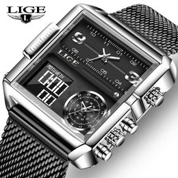 LIGE Men Watches Top Brand Luxury Business Electronic Watches For Men Fashion Square Stainless Steel Waterproof Quartz Watch 210527