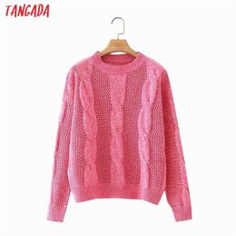 Tangada Women Fashion Pink Twist Knitted Sweater jumper O Neck Female Elegant Pullovers Chic Tops 2J35 210914
