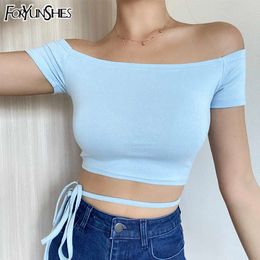 Women Slash Neck Ribbed Casual Crop Top Sexy Bule Short Sleeve Bandage Tee Shirts Summer 90S E-girl Y2K Clothes 210709