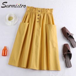 Surmiitro Midi Knee Length Cotton Summer Skirt Women Spring Button Pocket A-line High Waist Sun School Skirt Female 210712