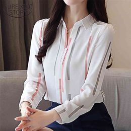 autumn women shirts striped chiffon long sleeved woman top V- neck OL STYLE western style slim fit blusa 0973 30 210506