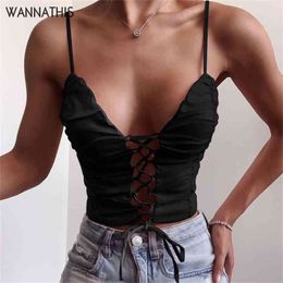 WannaThis V-Neck Front Laec up Camisole Women Hollow out Slim Elastic Bandage Sleeveless Backless Sexy Summer Ladies Cropped Top 210407